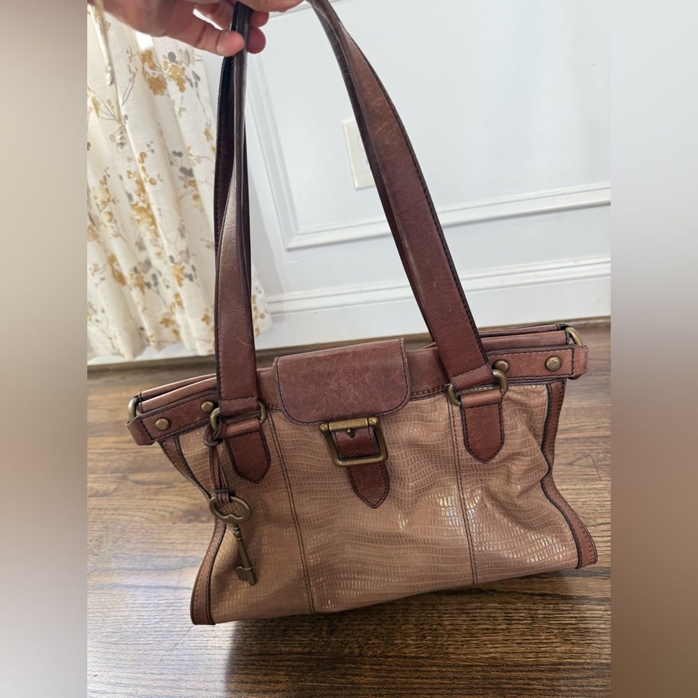 Fossil vintage Two-Tone Brown Leather Shoulder Bag with Key Charm